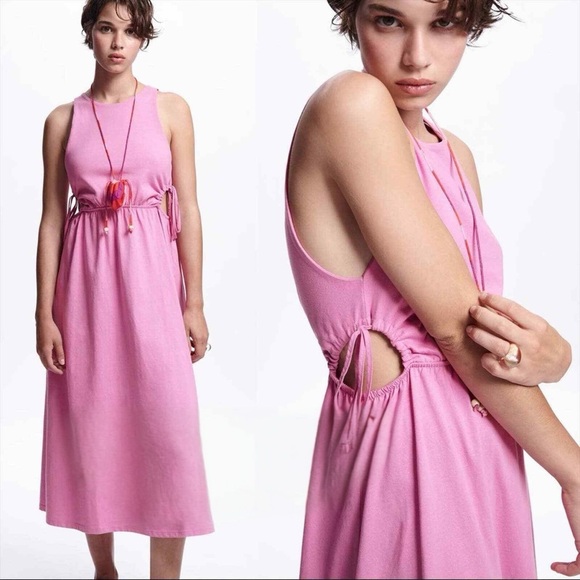Zara Dresses & Skirts - Zara Pink Cotton Cutout Waist Midi Dress Size Small